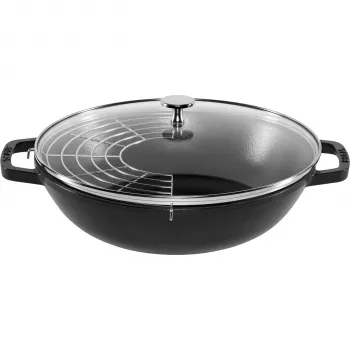 STAUB wok 30 cm s pokrovom črn, lito železo