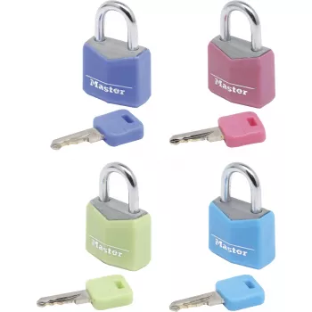 Master Lock 9120EURQCOLNOP 20 mm masivna aluminijasta ključavnica na ključ 4 kosi različne barve modra zelena roza vijolična