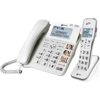 Geemarc DECT595 COMBI žični seniorski telefon s snemalnikom sporočil, prostoročno napravo, optično signalizacijo klicev, združljiv s slušnimi aparati, vključno z oddajnikom za nujne primere (DECT595_COMBI_WH_VDE)
