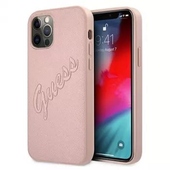 Guess GUHCP12LRSAVSRG Saffiano Vintage Script trda ovitek za Apple iPhone 12 Pro Max, roza