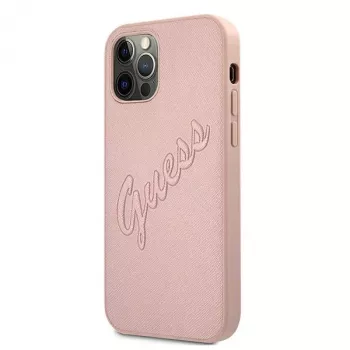 Guess GUHCP12LRSAVSRG Saffiano Vintage Script trda ovitek za Apple iPhone 12 Pro Max, roza