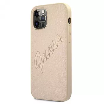 Guess Saffiano Vintage Script trdi ovitek za Apple iPhone 12 Pro Max 6,7 inch - zlat