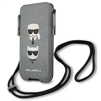 Karl Lagerfeld Ikonik trda lupina za Apple iPhone 12 Pro Max, siva Saffiano PU, dizajn glave Karl & Choupette