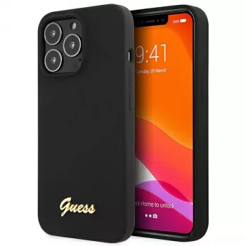 Guess GUHCP13XLSLMGBK iPhone 13 Pro Max 6,7 inch črn silikonski ovitek z zlatim logotipom Script