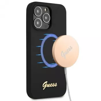 Guess GUHMP13XLSLMGBK silikonska trda lupina za Apple iPhone 13 Pro Max 6,7 inch črna z zlatim napisom logotipa MagSafe