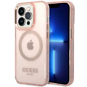 Guess Gold Outline Translucent MagSafe trdi ovitek za iPhone 14 Pro Max 6,7 palca roza