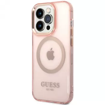 Guess Gold Outline Translucent MagSafe trdi ovitek za iPhone 14 Pro Max 6,7 palca roza