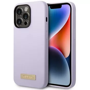 Guess GUHMP14LSBPLU silikonski trdi ovitek s ploščico z logotipom za Apple iPhone 14 Pro 6,1 palca - vijoličen, združljiv z MagSafe