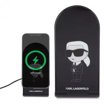 Karl Lagerfeld zložljiv brezžični polnilnik 2 v 1 15W, črn Ikonik MagSafe