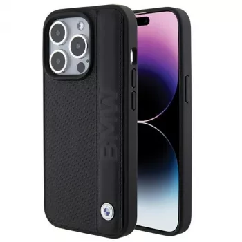 BMW BMHCP15L22RDPK iPhone 15 Pro 6,1 inch trdi ovitek usnjena tekstura in proge črn