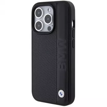 BMW BMHCP15L22RDPK iPhone 15 Pro 6,1 inch trdi ovitek usnjena tekstura in proge črn
