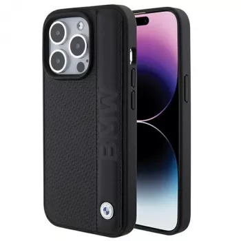 BMW M Collection iPhone 15 Pro Max 6,7 inch črn trdi ovitek usnjena tekstura in proge