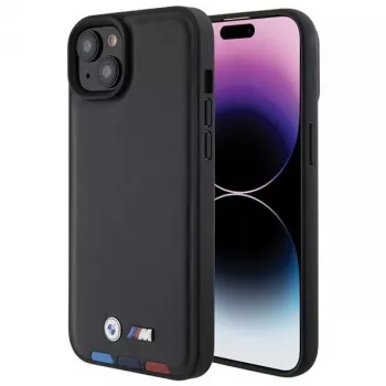 BMW M Collection usnjeni ovitek Leather Stamp za iPhone 15 Plus / 14 Plus 6,7 inch črni tricolor