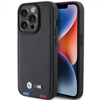 BMW Leather Stamp Tricolor ovitek za iPhone 15 Pro 6,1 palca črn