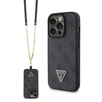 GUESS PU 4G Strass Triangle kovinski ovitek + jermen za iPhone 15 Pro črn