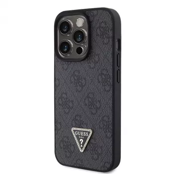 GUESS PU 4G Strass Triangle kovinski ovitek + jermen za iPhone 15 Pro črn
