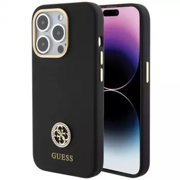 Guess GUHCP15XM4DGPK trdi silikonski ovitek Logo Strass 4G zadnji pokrov za Apple iPhone 15 Pro Max 6,7 inch črn