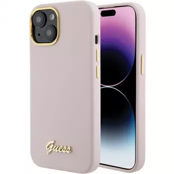 Guess GUHCP15SSMBSLP silikonski trdi ovitek Script Metal Logo & Frame za Apple iPhone 15 / 14 / 13 6,1 inch roza