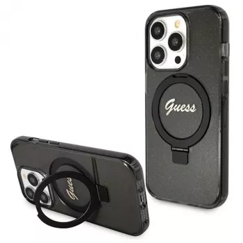 Guess Script Glitter Collection trda ovitek z obročem MagSafe za iPhone 13 Pro / 13 6.1 črn