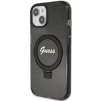 Guess GUHMP14SHRSGSK ovitek za iPhone 14 / 15 / 13 6,1 inch, črn, s stojalom z obročem, Script Glitter, MagSafe