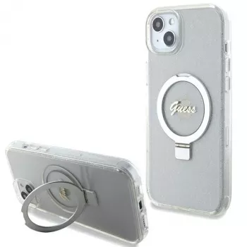 Guess GUHMP15MHRSGSD ovitek za iPhone 15 Plus / 14 Plus 6,7 inch, prosojen, s stojalom z obročem, Script Glitter, MagSafe