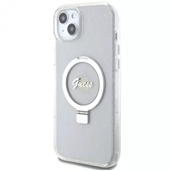 Guess GUHMP15MHRSGSD ovitek za iPhone 15 Plus / 14 Plus 6,7 inch, prosojen, s stojalom z obročem, Script Glitter, MagSafe