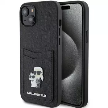 Karl Lagerfeld KLHCP15SSAPKCNPK iPhone 15 / 14 / 13 6.1 črn trdi ovitek Saffiano z režo za kartice Karl & Choupette kovinska zaponka