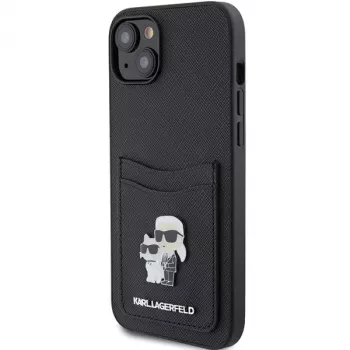 Karl Lagerfeld KLHCP15SSAPKCNPK iPhone 15 / 14 / 13 6.1 črn trdi ovitek Saffiano z režo za kartice Karl & Choupette kovinska zaponka