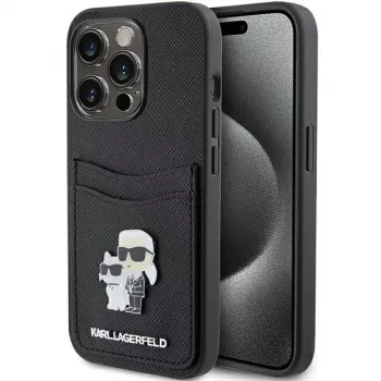 Karl Lagerfeld KLHCP15LSAPKCNPK iPhone 15 Pro 6.1 črn trdi ovitek Saffiano z režo za kartice Karl & Choupette kovinska zaponka
