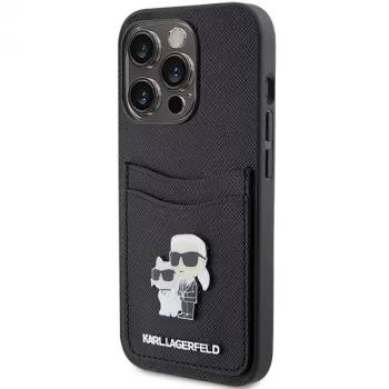 Karl Lagerfeld KLHCP15LSAPKCNPK iPhone 15 Pro 6.1 črn trdi ovitek Saffiano z režo za kartice Karl & Choupette kovinska zaponka