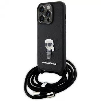Karl Lagerfeld KLHCP15LSASKNPSK iPhone 15 Pro 6.1 trdi ovitek črn Crossbody Saffiano Monogram kovinska zaponka Karl & Choupette