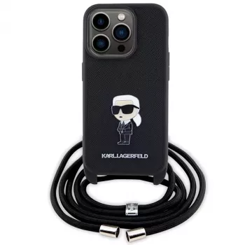 Karl Lagerfeld KLHCP15LSASKNPSK iPhone 15 Pro 6.1 trdi ovitek črn Crossbody Saffiano Monogram kovinska zaponka Karl & Choupette