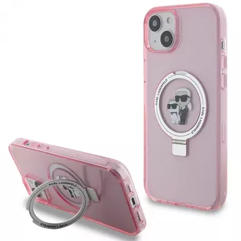 Karl Lagerfeld KLHMP15SHMRSKCP roza trdi ovitek s stojalom z obročem Karl & Choupette MagSafe za iPhone 15 / 14 / 13 6,1 inch