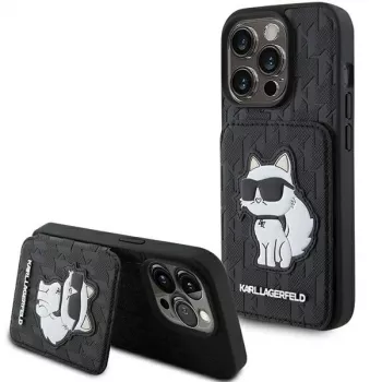 Karl Lagerfeld KLHCP15LSAKCNSCK iPhone 15 Pro 6,1 inch črn trdi ovitek Saffiano z predali za kartice in stojalom Monogram Choupette