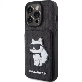 Karl Lagerfeld KLHCP15LSAKCNSCK iPhone 15 Pro 6,1 inch črn trdi ovitek Saffiano z predali za kartice in stojalom Monogram Choupette