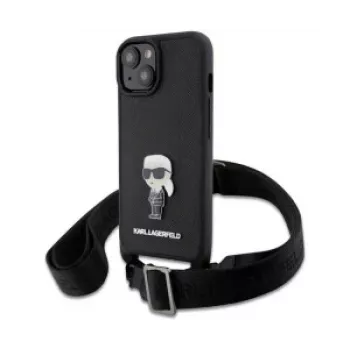 Karl Lagerfeld Saffiano ovitek Metal Ikonik za iPhone 15, črn