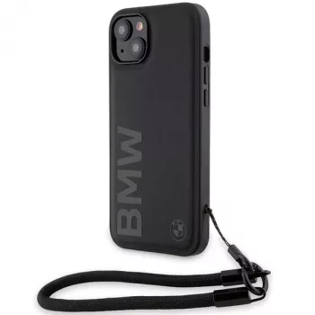 BMW Signature Leather Wordmark Cord trdi ovitek za iPhone 15 Plus / 14 Plus 6,7 palca - črn