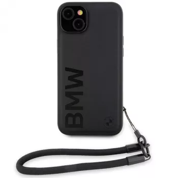 BMW Signature Leather Wordmark Cord trdi ovitek za iPhone 15 Plus / 14 Plus 6,7 palca - črn