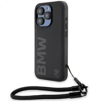 BMW Signature Leather Wordmark Cord trdi ovitek za iPhone 15 Pro 6,1 črn