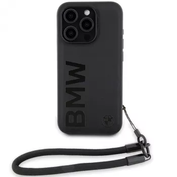 BMW Signature Leather Wordmark Cord trdi ovitek za iPhone 15 Pro 6,1 črn