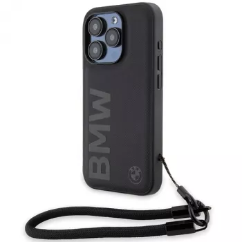 BMW Signature Leather trdi ovitek za iPhone 15 Pro Max 6,7 palca črn z vrvico