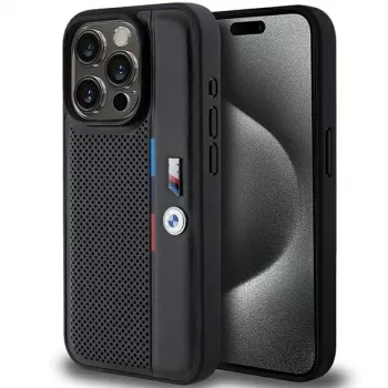 BMW Perforated Tricolor Line trdi ovitek za Apple iPhone 15 Pro 6,1 črn