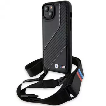 BMW BMHCP15S23PSCCK iPhone 15 / 14 / 13 črn trdi ovitek M Edition Carbon Stripe & Strap