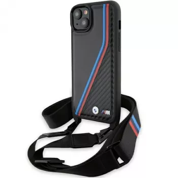 BMW BMHCP15S23PSVTK iPhone 15 / 14 / 13 črn trdi ovitek M Edition Carbon Tricolor Lines & Strap
