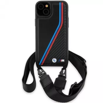 BMW BMHCP15S23PSVTK iPhone 15 / 14 / 13 črn trdi ovitek M Edition Carbon Tricolor Lines & Strap