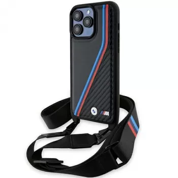 BMW M Edition Carbon Tricolor Lines trdi ovitek za Apple iPhone 15 Pro 6,1 palca črn z jermenom za nošenje