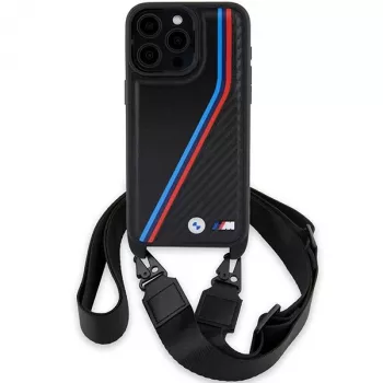 BMW M Edition Carbon Tricolor Lines trdi ovitek z zapestnim jermenom za Apple iPhone 15 Pro Max 6,7 palca črn
