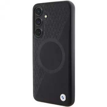 BMW Signature Leather Half Textured & Circle MagSafe trdi ovitek za Samsung Galaxy S24 S921 črn