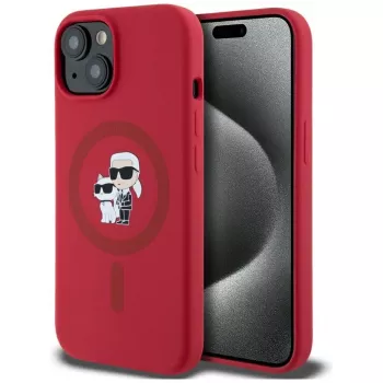 KARL LAGERFELD silikonski ovitek za iPhone 15 z MagSafe in obročem – glave Karl & Choupette – rdeč