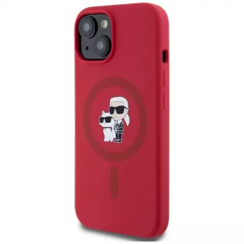 KARL LAGERFELD silikonski ovitek za iPhone 15 z MagSafe in obročem – glave Karl & Choupette – rdeč